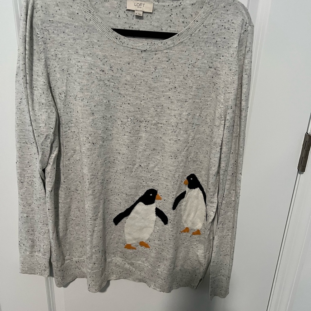 LOFT Speckled Gray Sweater with Penguin Motif